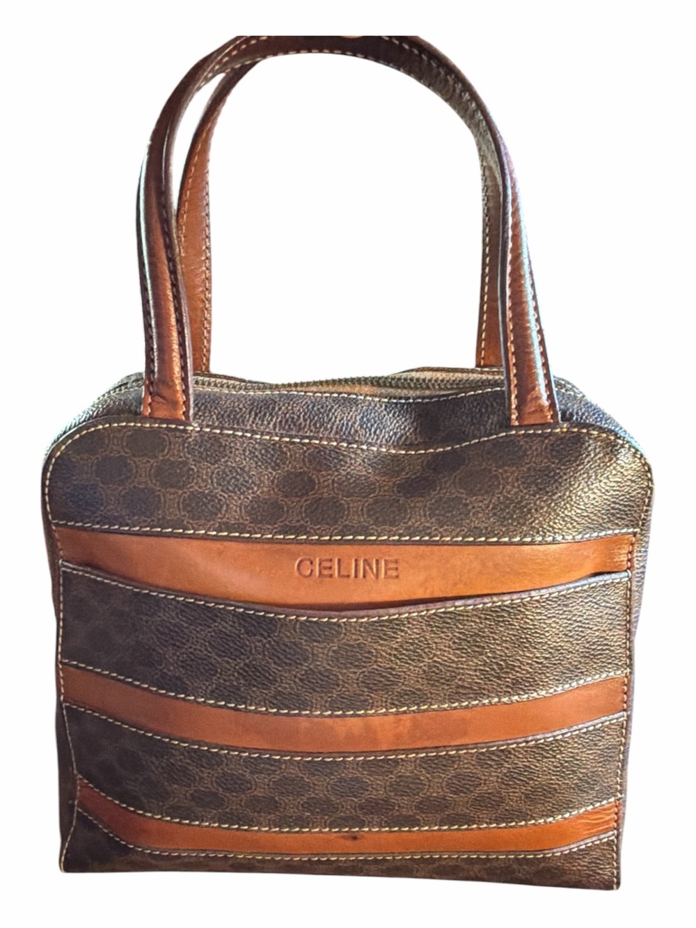 Celine Vintage Macadam Striped Leather Satchel Top Handle Bag
